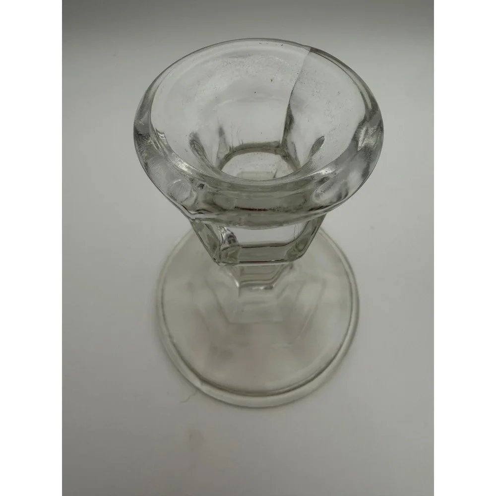 Vintage Clear Glass Hexagonal Base Taper Candlestick Holders Pair Set of 2